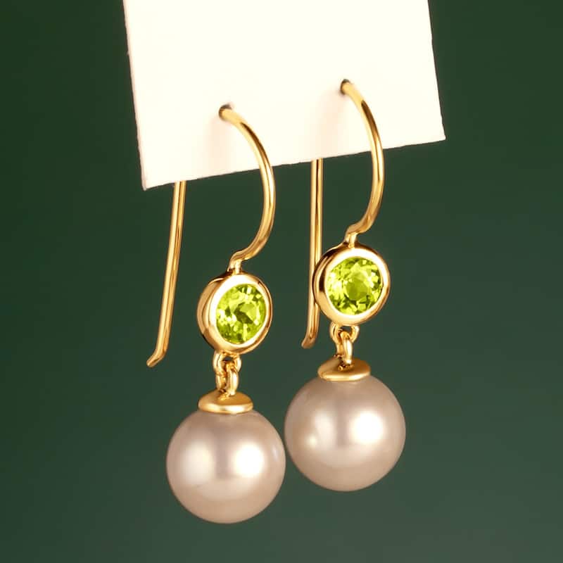 14k Yellow Gold Freshwater Pearl and Peridot Birthstone Drop Earrings