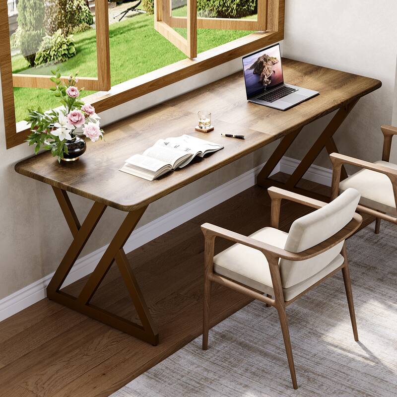 78.7-Inch Large Computer Desk, Sturdy Wooden Office Desk for 2 People - Yellow