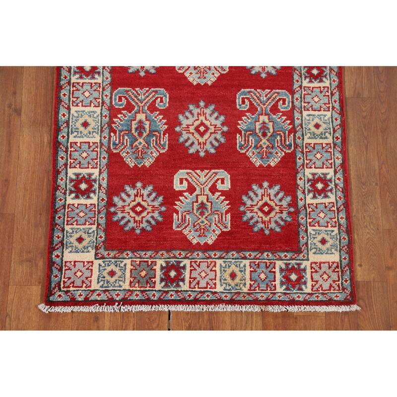 Red Geometric Kazak Oriental Runner Rug Handmade Wool Carpet - 2'8" x 9'4"