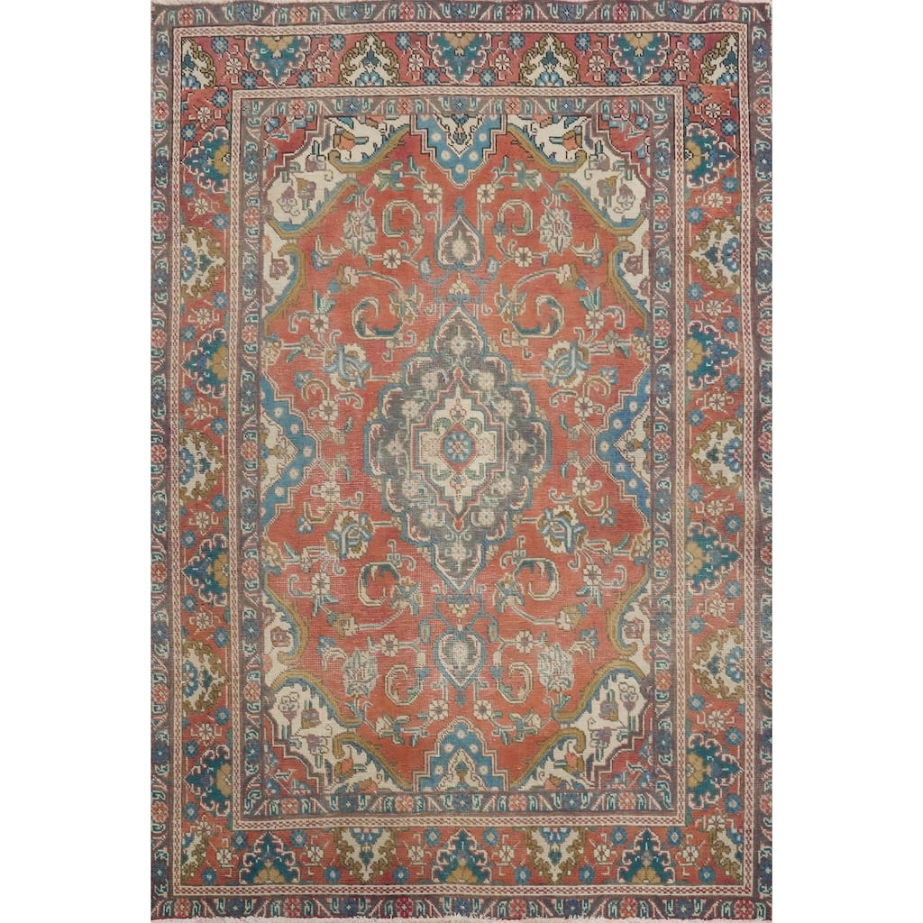Hand Knotted Oriental 100% Wool Carpet Traditional Floral Oranges & Rust Tabriz Area Rug - 6' 1'' X 4' 6''