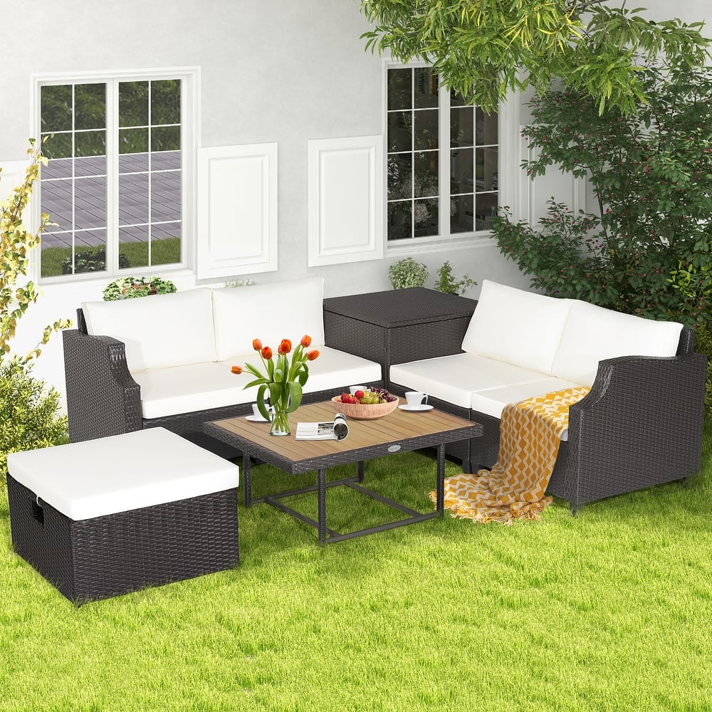 Costway 7pcs Patio Outdoor PE Wicker Cushioned Furniture Conversation - 35'' x 27'' x 15'' (L x W x H)