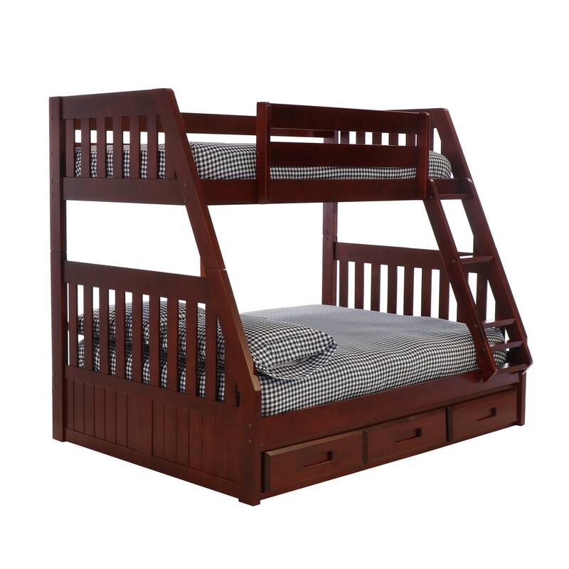 Twin Over Full Bunk Bed with Storage - Solid Pine Wood Frame - Merlot Finish - HomeStock
