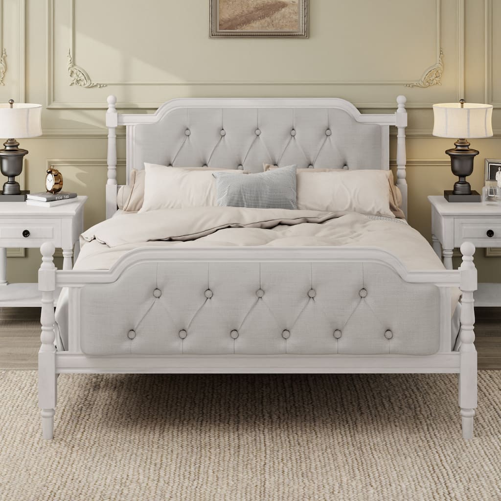 Solid Pinewood Traditional Style Platform Bed with Upholstered Tufted Headboard and Footboard, Wood Slats Support