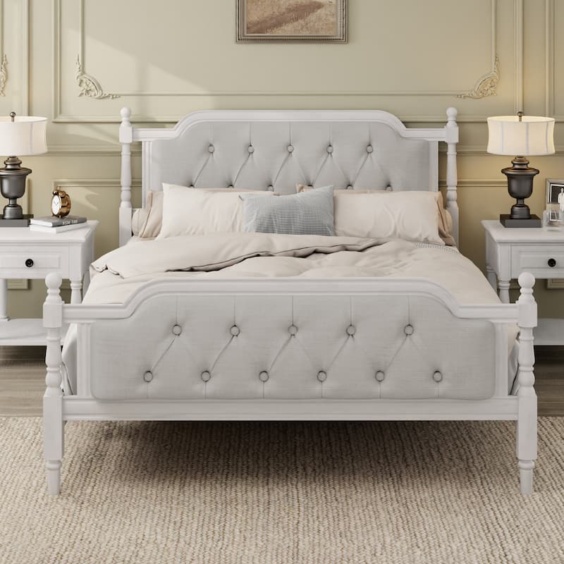 Traditional Style Solid Wood Bed Frame with Upholstered Tufted Headboard,No Box Spring Needed,Full Size, Antique White