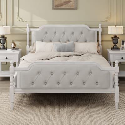 Traditional Style Solid Wood Platform Bed Frame with Upholstered Tufted Headboard, Wooden Slats Support, No Box Spring Needed