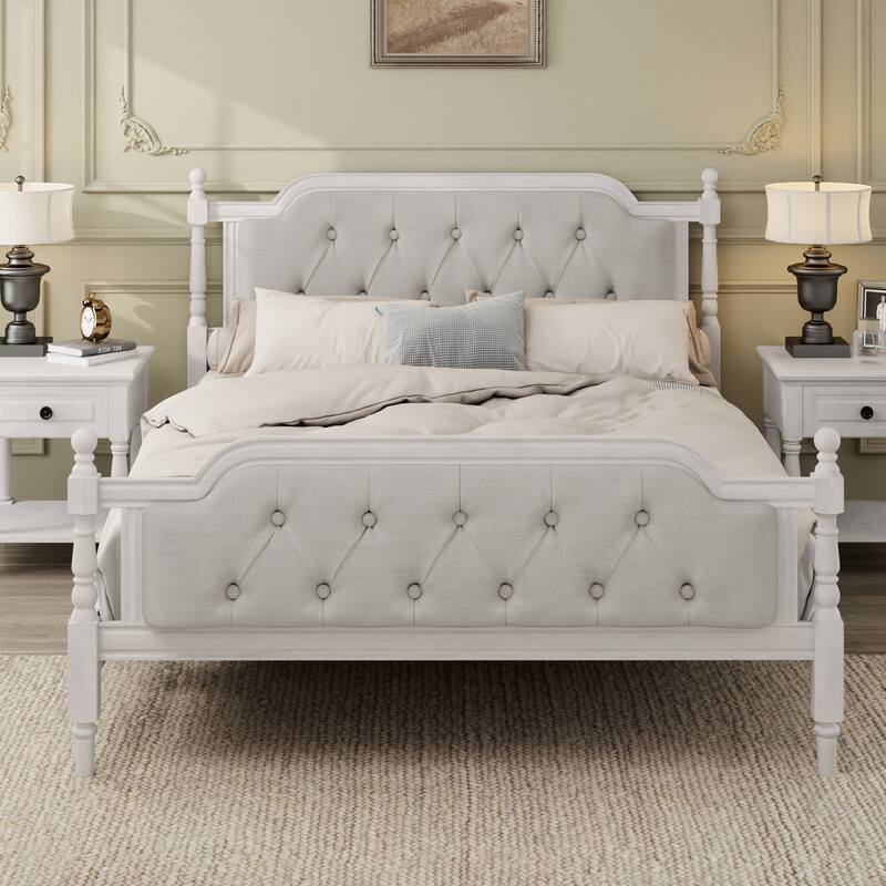 Wooden Platform Bed with Tufted Upholstered Headboard Footboard, No Box Spring Needed, Wood Slat Support Low Profile Bed