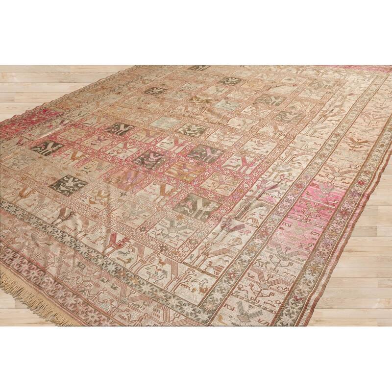Hand Knotted Beige Authentic Pictorial Soumak Persian Silk Traditional Oriental Area Rug - 6' 8'' x 8' 6''