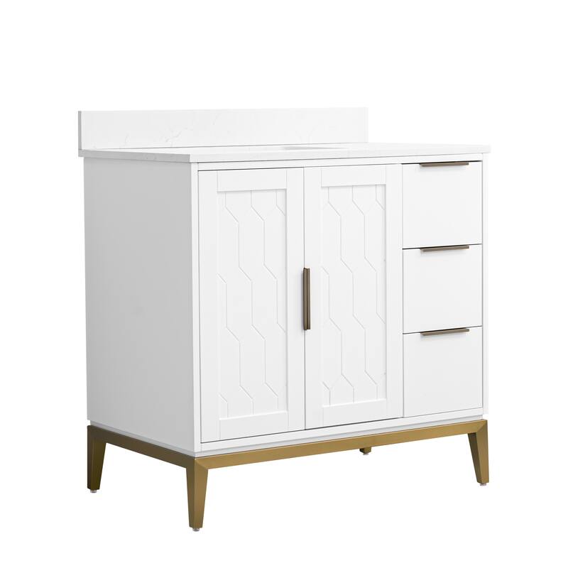 35''H Solid Wood Bath Vanity with Stain-resistant Carrera White Quartz Top and Sink