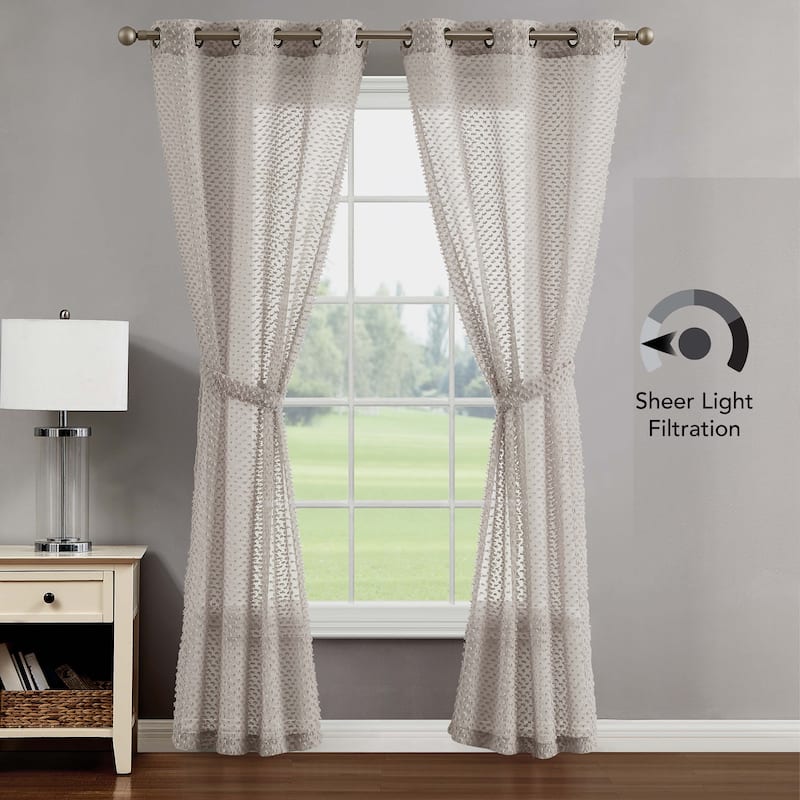 Creative Home Ideas Mia Embellished Sheer Grommet Window Curtain Panel Pair with Tiebacks,