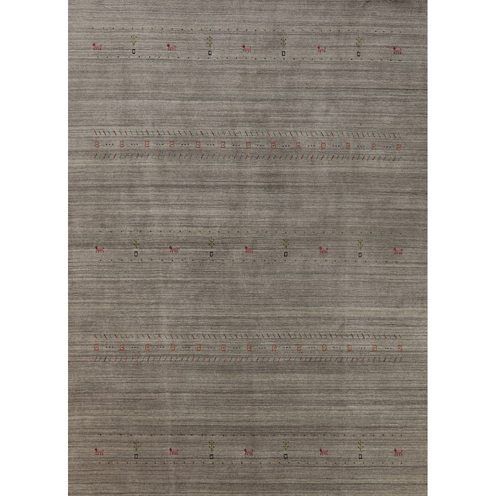Hand Knotted Oriental 100% Wool Carpet Tribal Animal Pictorial Greys & Charcoal Gabbeh Area Rug - 9' 11'' X 7' 9''