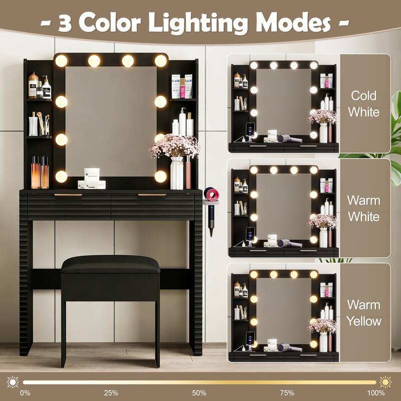 Makeup Vanity with 10 Hollywood Bulb Lights & Charging Station, Fluted Dressing Table with Storage Stool