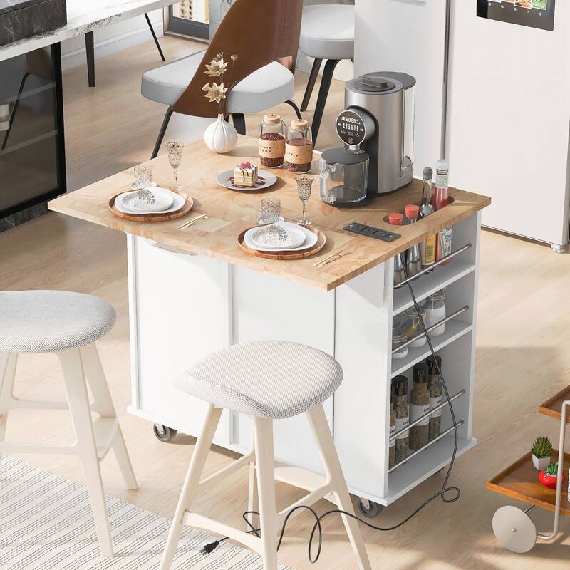 Kitchen Island with Power Outlet,Kitchen Storage Island with Drop Leaf and Rubber Wood,Open Storage and Wine Rack - White