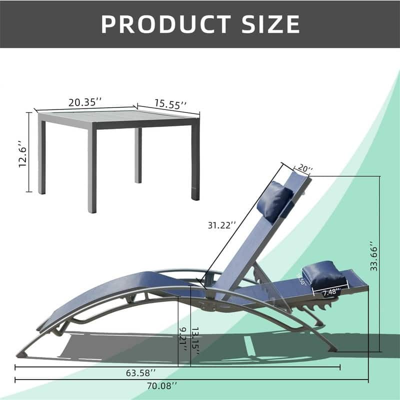 3Pcs Adjustable Aluminum Outdoor Chaise Lounge Chairs with Metal Side Table