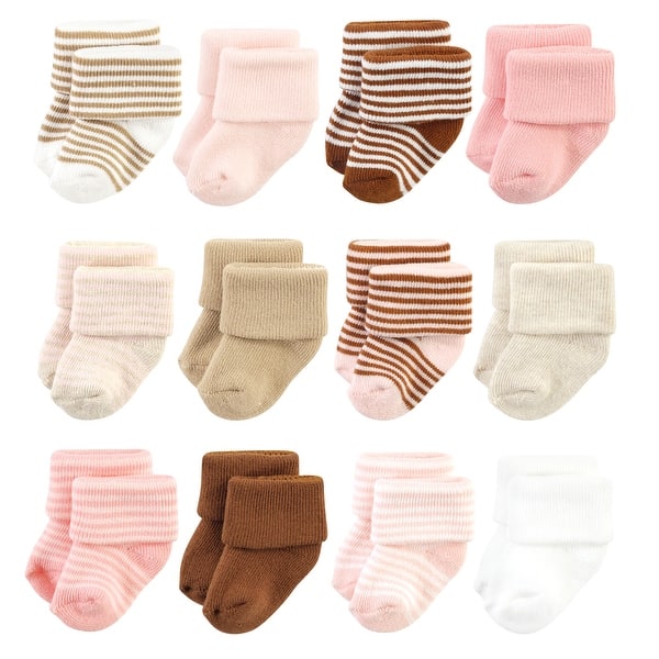 slide 1 of 1, Hudson Baby Infant Girl Cotton Rich Newborn and Terry Socks, Pink Tan Stripe Pink Tan Stripe - 6-12 Months