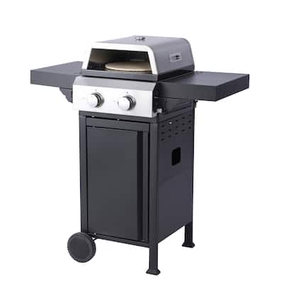 2-Burner Propane Gas BBQ Grill, Pizza Box, 24600BTU Output With Wire Enamel Cooking Grids, Foldable Side Table, Hanging Basket
