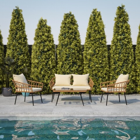 All-Weather 4 Piece Rope Rattan Patio Seating Set with Cushions - 52.25"W x 27.5"D x 27.5"H