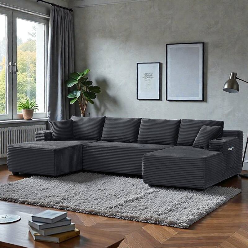 Compressible U-Shaped Modular Sectional Sofa, Corduroy Cloud Couch, 6-Seat Minimalist Living Room Sofa