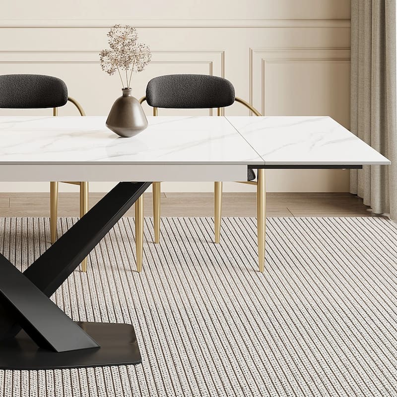 9 - Piece 94.48'' Modern Minimalist Extendable Sintered Stone Top Dining Set with 8 Fabric Chairs
