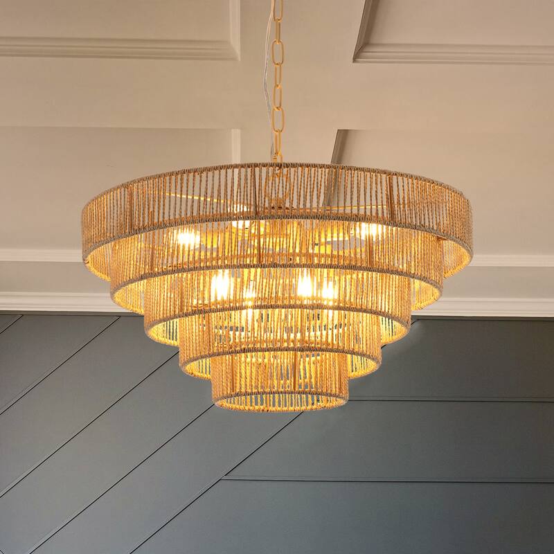 24" Modern 5-Layer Woven Hemp Rope Chandelier, Boho Style Pendant Light, Elegant Hanging Light Fixture for Living Room, Bedroom - Yellow