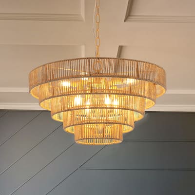 24" Modern 5-Layer Woven Hemp Rope Chandelier, Boho Style Pendant Light, Elegant Hanging Light Fixture for Living Room, Bedroom