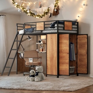 Modern Metal Twin Size Loft Bed with L-shape Desk and Spacious Wooden Wardrobe