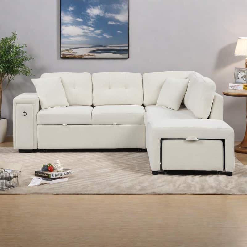 86.6" Chenille L-Shape Sleeper Sectional 4-Seat Convertible Sofa with Ottoman, USB Ports and Cup Holders - Beige
