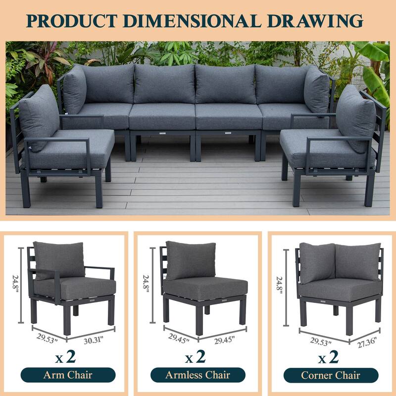 Chelsea 6-Piece Outdoor Patio Sectional Set in Black Aluminum with Removable Cushions for Backyard Garden and Patio Deck