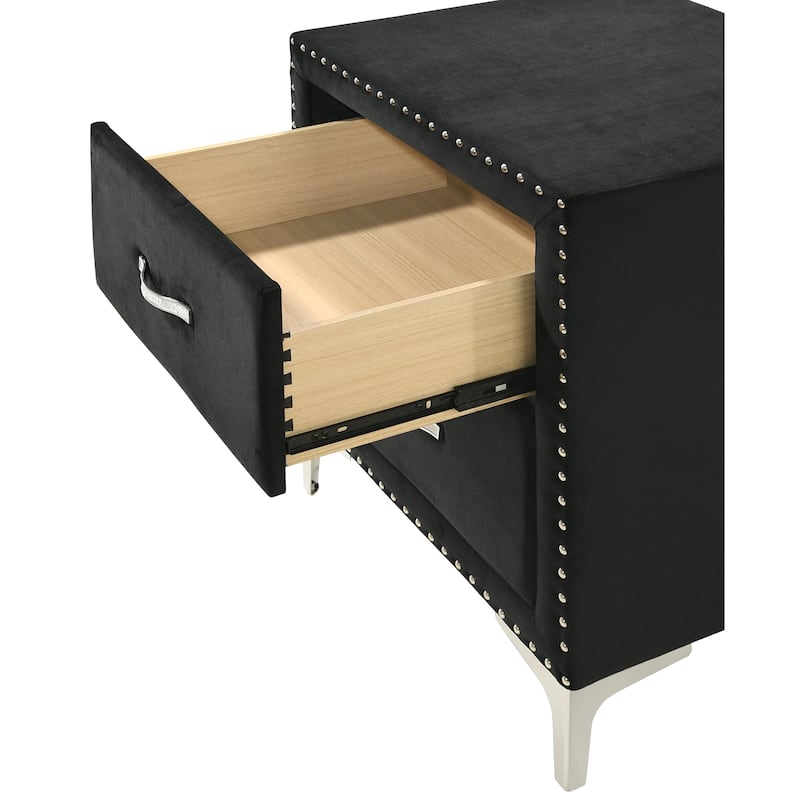 Black Nightstand with Tempered Glass Top and Upholstered Design