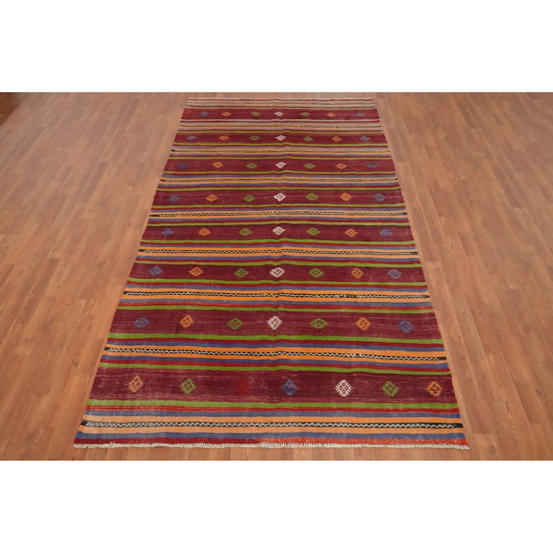 Hand Woven Oriental 100% Wool Carpet Southwestern Tribal Red Kilim Area Rug - 9' 11'' X 5' 4''