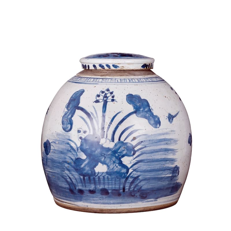 Vintage Ming Jar Plum Lily Pad Motif - Small