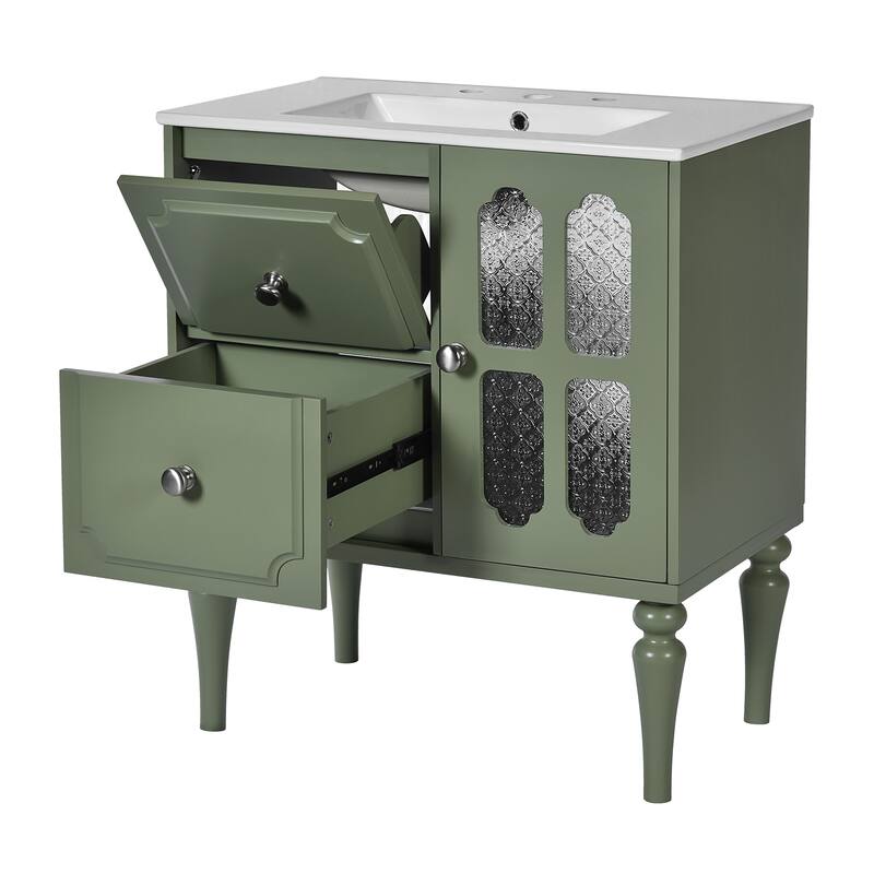 30 Inch Single Sink Freestanding Bathroom Vanity in Green with White Ceramic Top