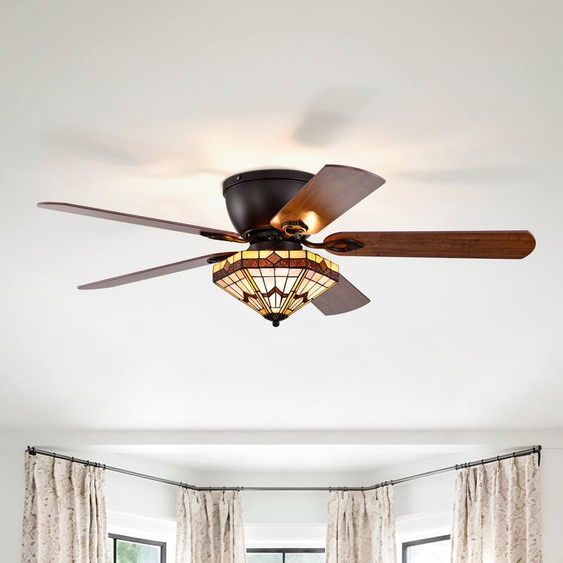 Lymelyn 52-Inch Flushmount Lighted Ceiling Fan Ivory Geometric Tiffany Glass Lamp Black Finish