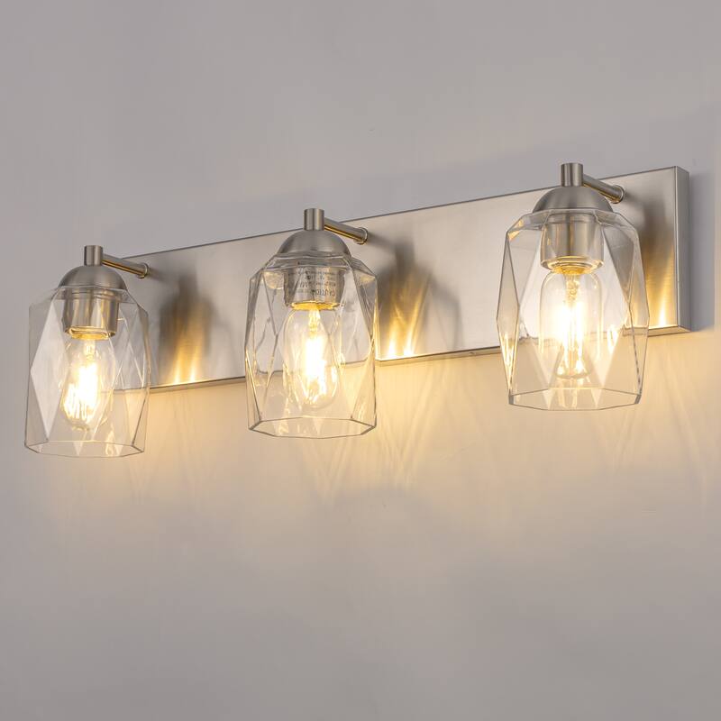 3-Light Brushed Nickel Cylinder Modern Bathroom Vanity Light with Clear Glass Shade,Wall Lamp for Mirror Kitchen Bedroom