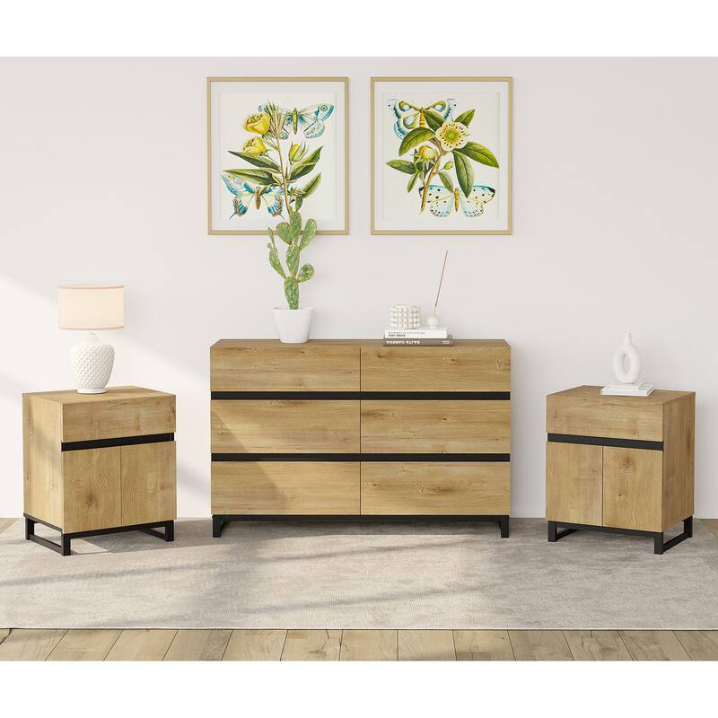 3-Piece Dresser And Nightstand Set, Dresser With 6 Drawers, 2 Nightstand for Bedroom, Bedroom Furniture Set