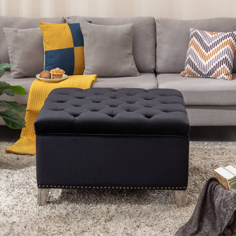 29.5" Wide Velvet Tufted Square Ottoman With Storage - Black