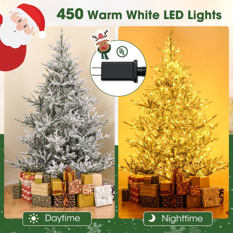 Costway 6/7/8 FT Artificial Christmas Tree with 762/1074/1470 Flocked - See Details - White & Green