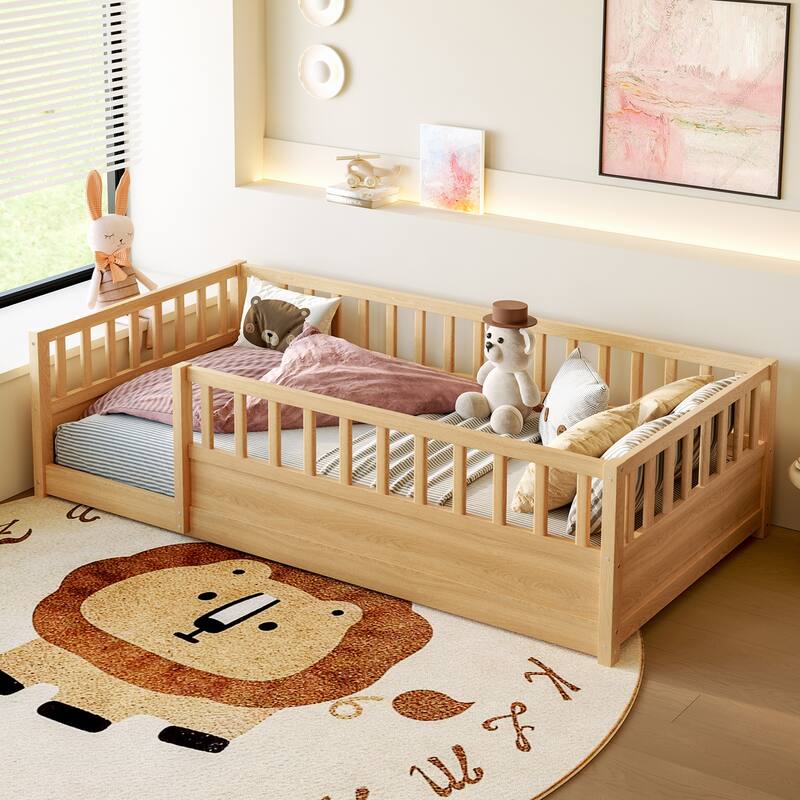 Full/Twin Montessori Floor Bed with Security Barrier & Door - Children's Wooden Bed Frame