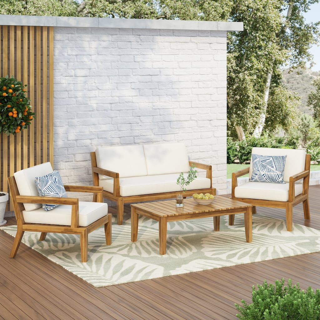 Rossville Outdoor Cushioned Acacia Chat Set by Christopher Knight Home