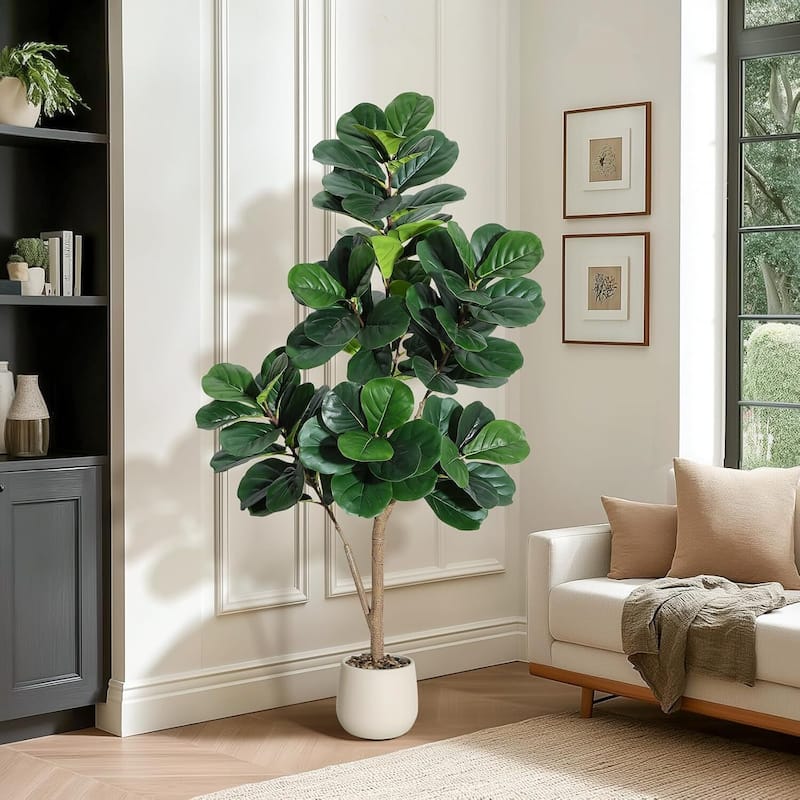 Artificial Fiddle Leaf Fig Tree with White Planter Pot for Home Decor - 5 FT