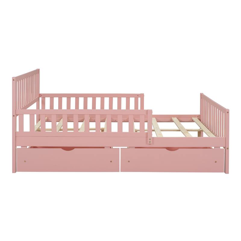 Full Size Wood Platform Bed with Guardrails on Both Sides and 2 Storage Drawers, Gray