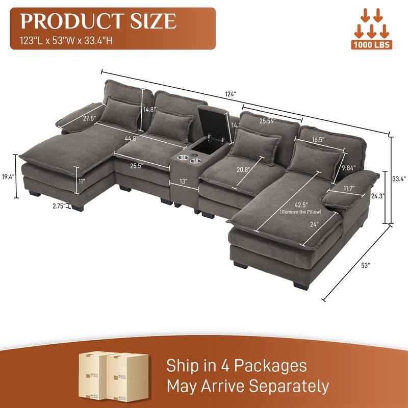 U-shaped Sectional Sofa Chenille Fabric Doudle Layer Cushion with USB Central Console