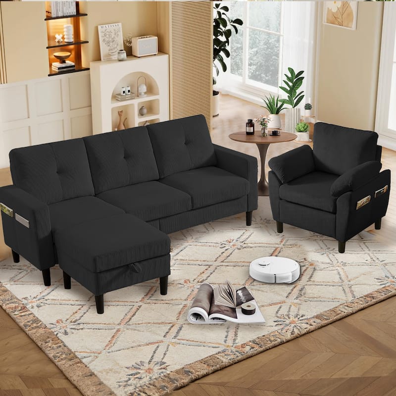 3 Pieces Corduroy Living Room Set with Sofa ,Storage Ottoman and Chair