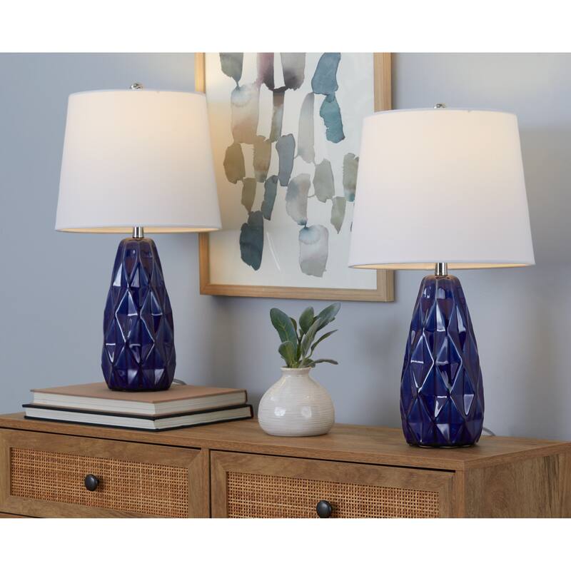 Hex 20" Ceramic Table Lamp w/ Faceted Base & Linen Shade (Set of 2) - 20.5
