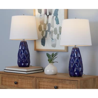 Hex 20" Ceramic Table Lamp w/ Faceted Base & Linen Shade (Set of 2) - 20.5