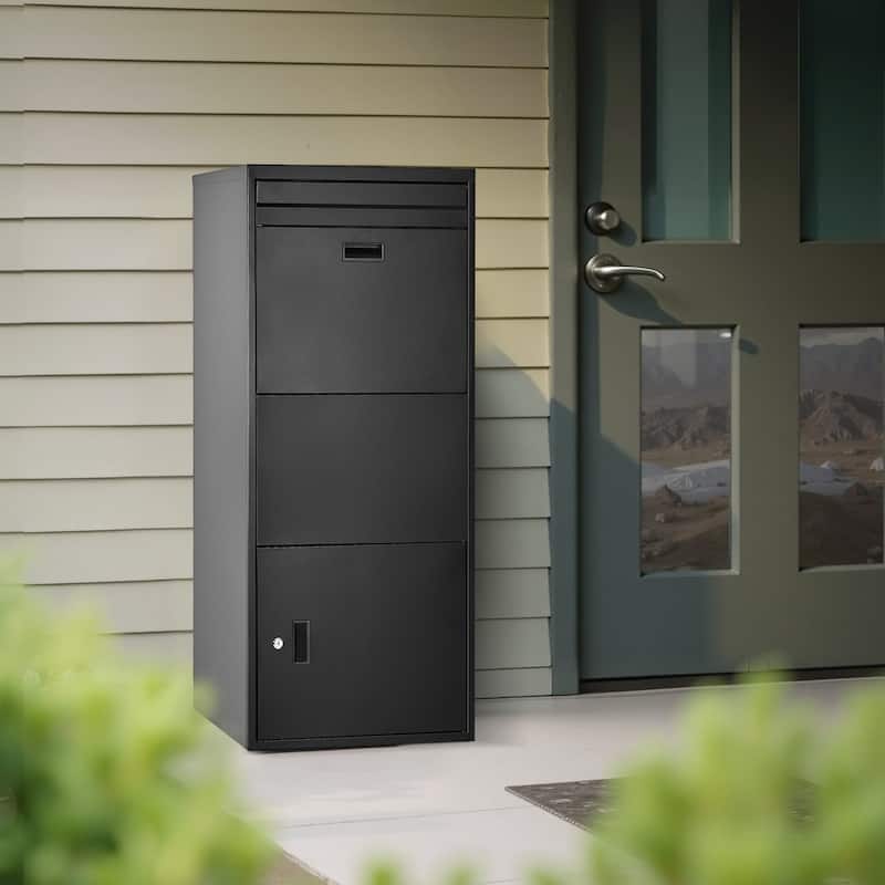 Black Galvanized Steel Parcel Delivery Box with Anti-Theft Plate and Weatherproof Design - 19.7 x 14.2 x 47.2 in