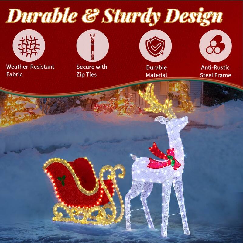 5FT Lighted Reindeer Pulling Sleigh Christmas Decorations Outdoor Indoor Decor Lighted Holiday Displays - Gold+White