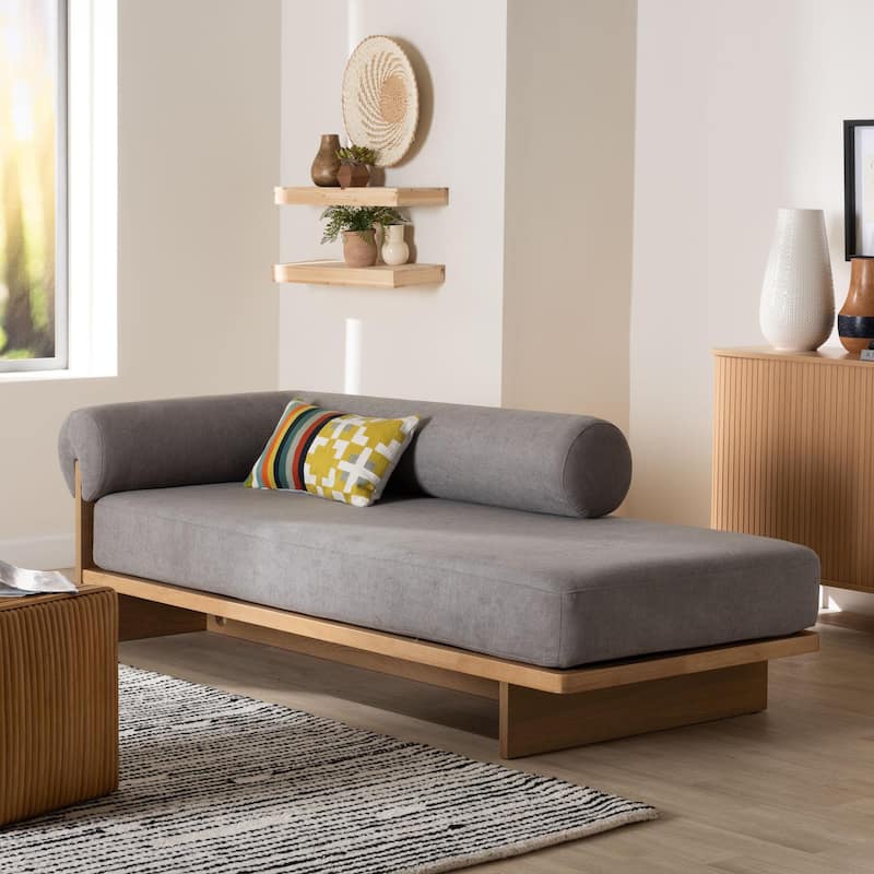 Bertille Left-Arm Chaise Lounge with Solid Wood Base - Minimalist Sofa Daybed with Grey Fabric Cushion and Bolster Pillow