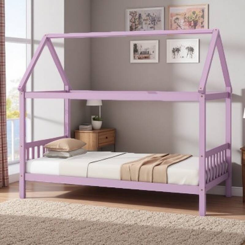 Twin Size Solid Wood House Frame Platform Bed, with Headboard and Footboard, with Underbed Storage Space, Minimalist Kids Bed - Pink