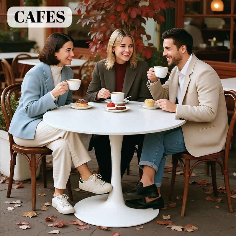 White Round Dining Table, Equipped with an elegant tulip-shaped metal base and a 31.5-inch medium-density fiberboard tabletop