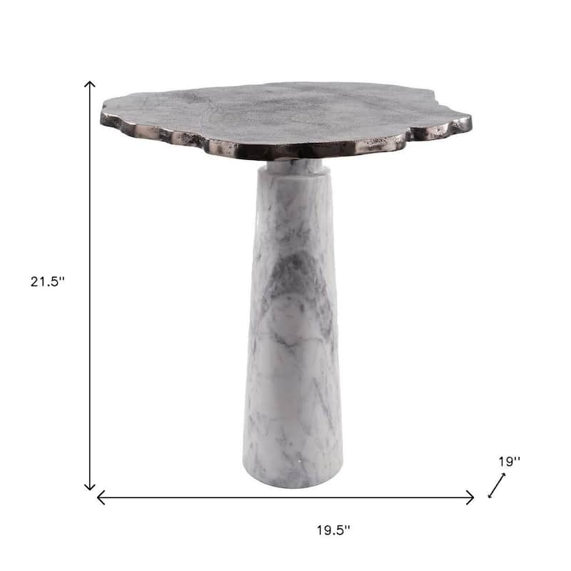 HomeRoots 22" Silver and White Aluminum and Marble Pedestal End Table - 19.5' X '21.5' X '19
